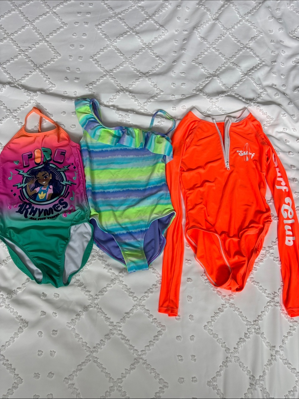 George Kids Swim One-Piece Set — Neon Orange, Green, Blue & Multicolor Stripes
